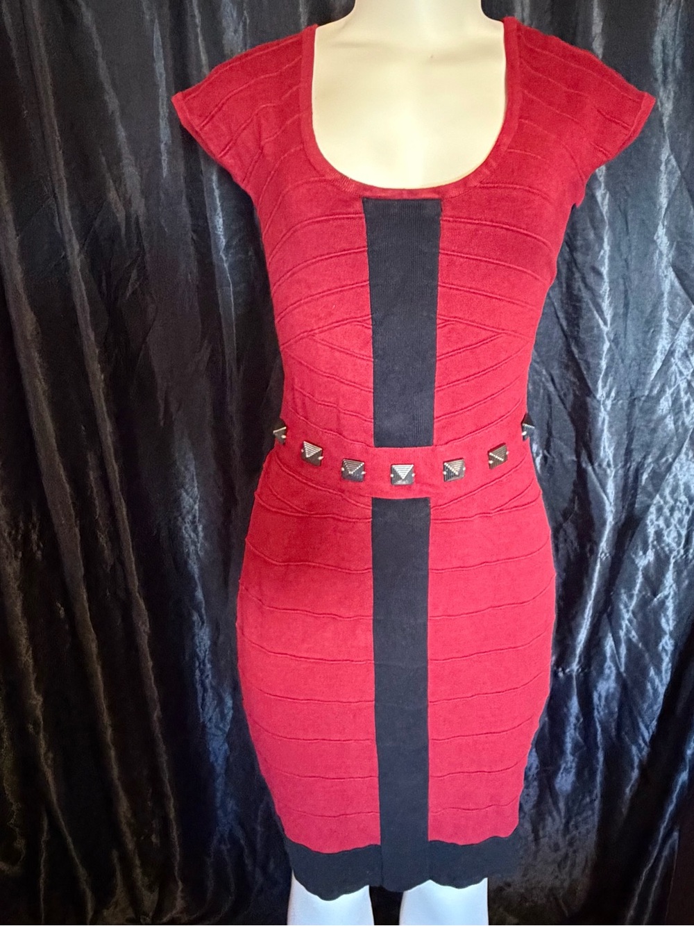 Ashley Stewart Red Knit Mini Dress with Black Stripe